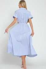 Short Sleeve Cut Out Stripe Print Midi Dress Blue