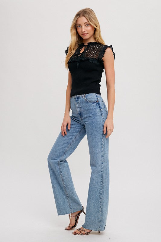 Cap Sleeve Crochet Knit Top Black