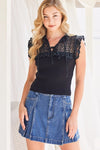 Cap Sleeve Crochet Knit Top Black