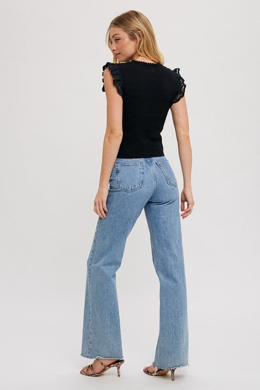 Cap Sleeve Crochet Knit Top Black