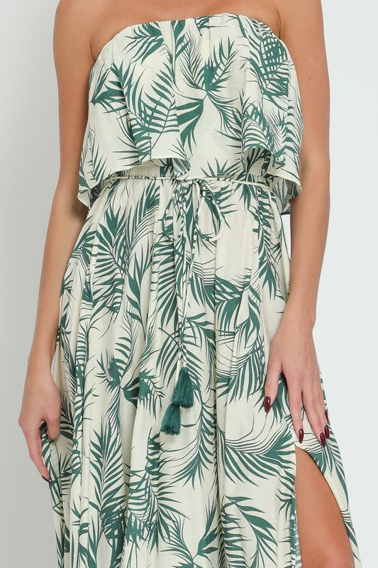 Strapless Tropical Print Maxi Dress Green