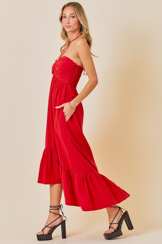 Drawstring Halter Midi Dress Red