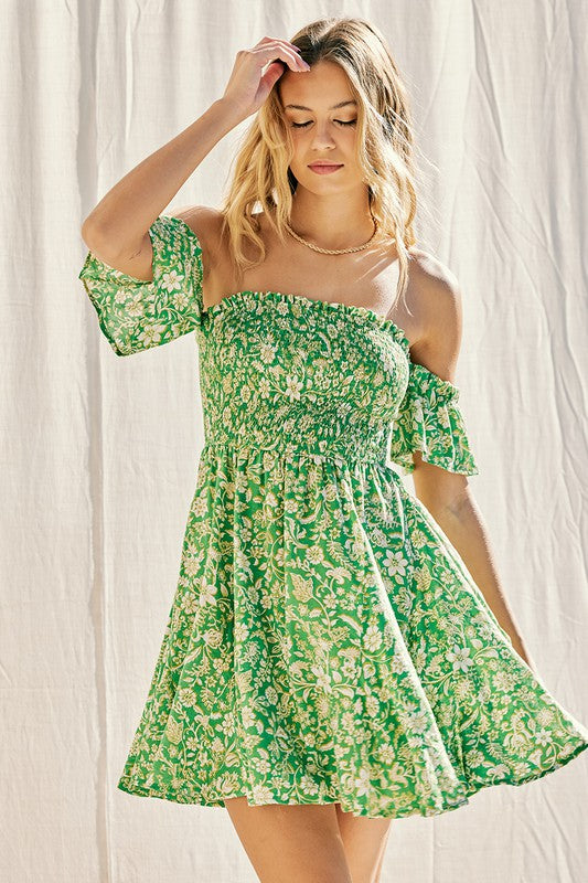  Off The Shoulder Floral Print Mini Dress Green