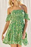  Off The Shoulder Floral Print Mini Dress Green