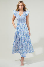Ruffle Sleeve Floral Print Maxi Dress Blue