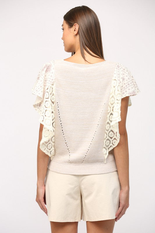 Short Contrast Flutter Sleeve Crochet Sweater Top Taupe