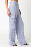  Stripe Print Wide Leg Linen Cargo Pants Blue