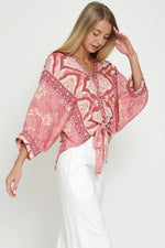 Long Sleeve Front Tie Abstract Print Top Mauve