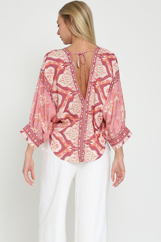 Long Sleeve Front Tie Abstract Print Top Mauve