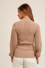 Long Sleeve Mock Neck Pointelle Knit Sweater Top Taupe