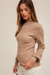 Long Sleeve Mock Neck Pointelle Knit Sweater Top Taupe