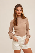  Long Sleeve Mock Neck Pointelle Knit Sweater Top Taupe