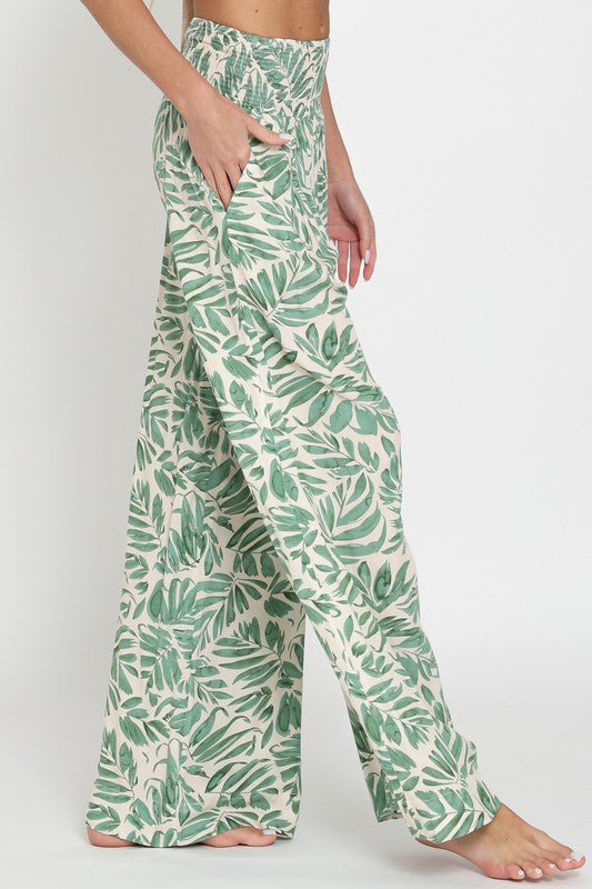 Tropical Print Wide Leg Pants Ivory