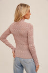 Long Sleeve Mock Neck Pointelle Knit Sweater Top Mauve
