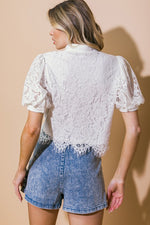 Short Puff Sleeve Button Down Floral Lace Top White