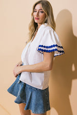 Short Lace Trim Sleeve Button Front Top White