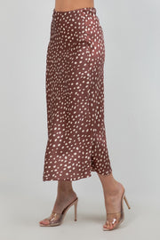 High Waist Polka Dot Print Satin Midi Skirt Brown