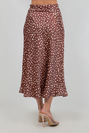 High Waist Polka Dot Print Satin Midi Skirt Brown