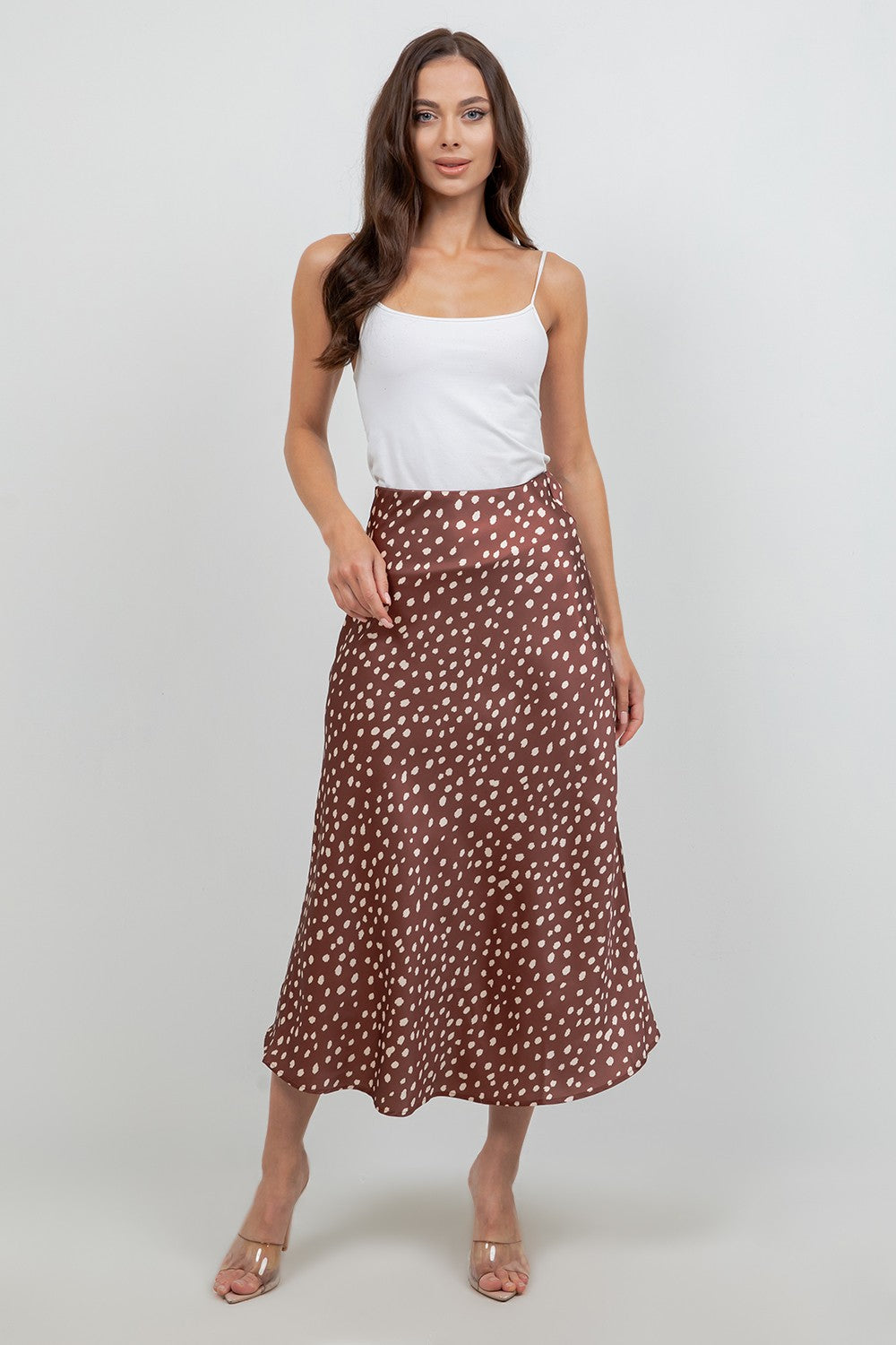 High Waist Polka Dot Print Satin Midi Skirt Brown