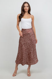 High Waist Polka Dot Print Satin Midi Skirt Brown