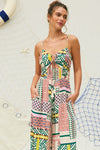 Sleeveless Cut Out Abstract Print Wide Leg Jumpsuit Green