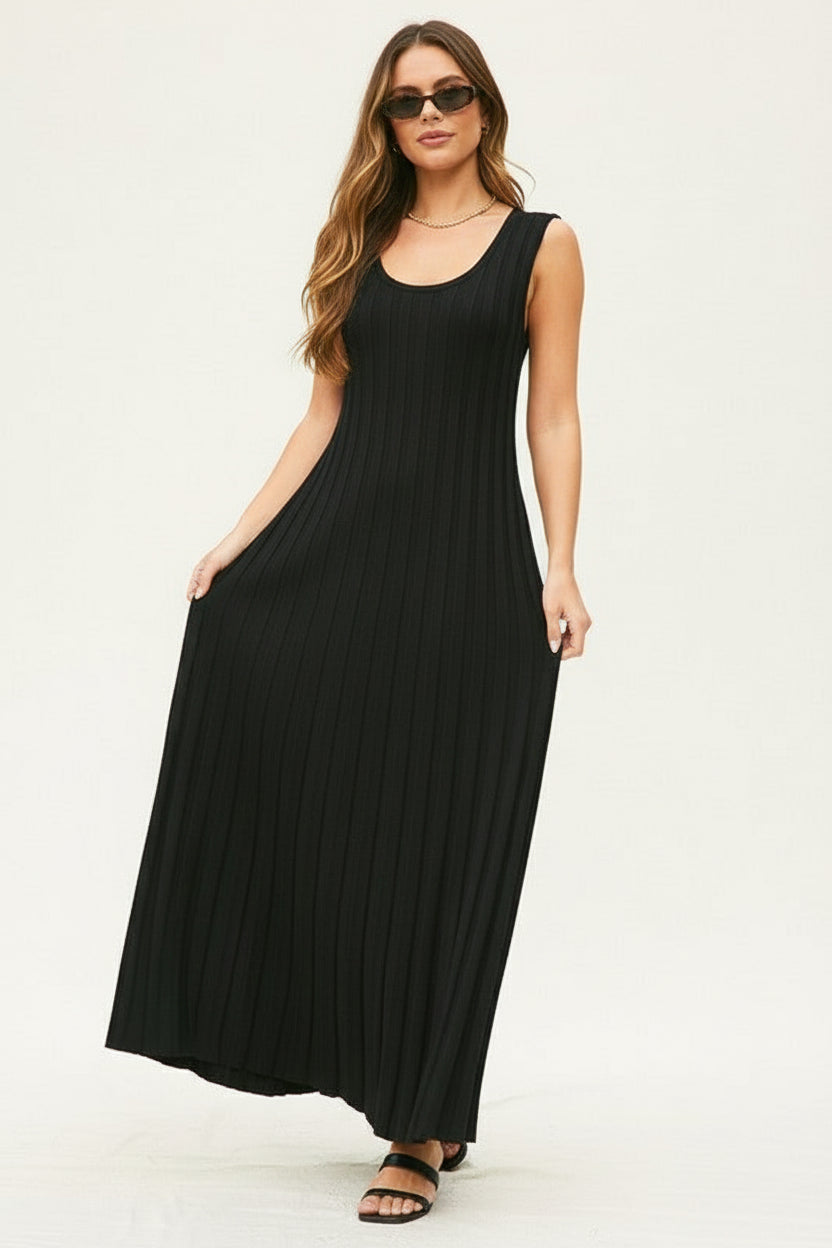 Sleeveless Ribbed Knit Maxi Dress Black