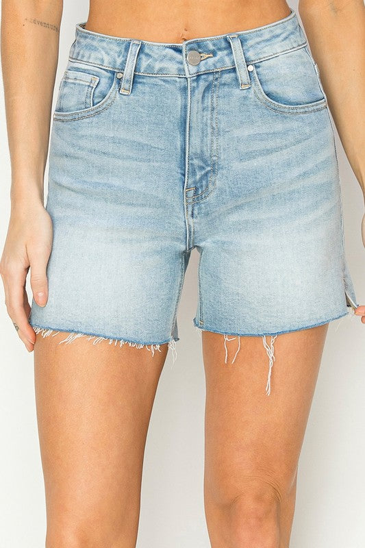 High Rise Raw Hem Denim Shorts Light Wash