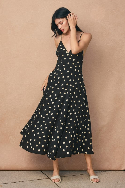 Sleeveless Open Back Tie Dot Print Maxi Dress Black