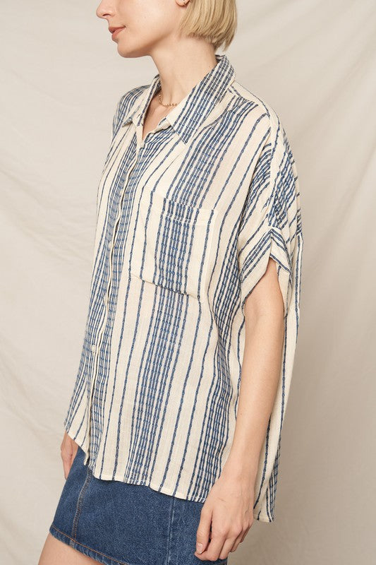 Short Sleeve Button Down Stripe Print Top Navy