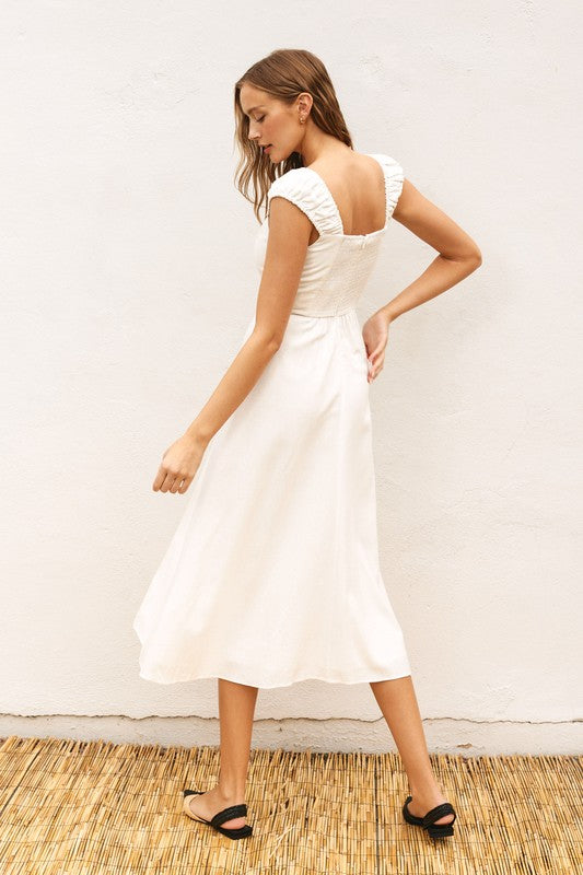  Cap Sleeve Linen Midi Dress White