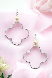  Clover And Faux Pearl Cut Out Dangle Earrings Silver