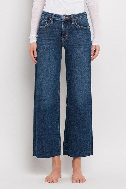 High Rise Raw Hem Wide Leg Cropped Jeans Dark Wash