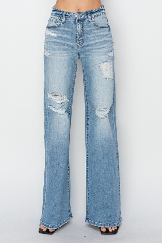  High Rise Distressed Wide Leg Jeans Light Wash