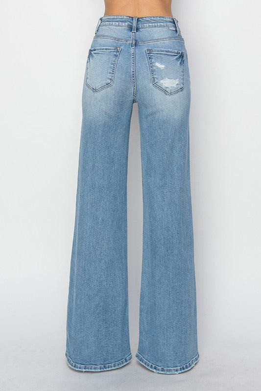  High Rise Distressed Wide Leg Jeans Light Wash