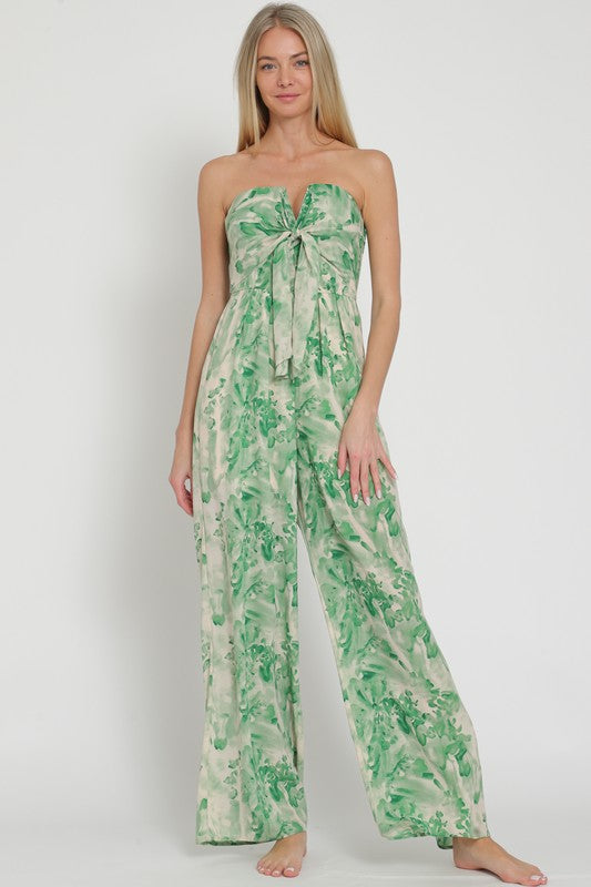 Sleeveless Front Tie Abstract Print Jumpsuit Green