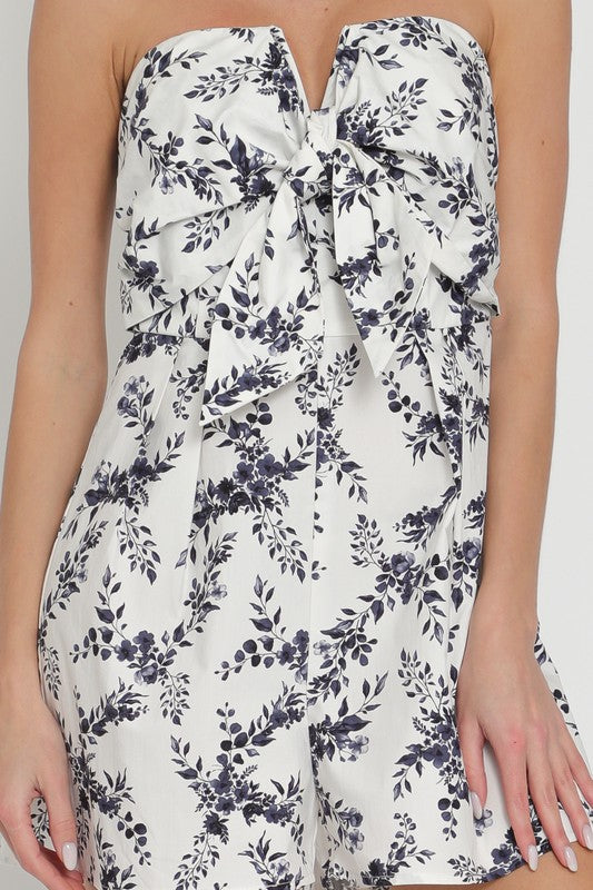 Sleeveless Tie Front Floral Print Romper Navy
