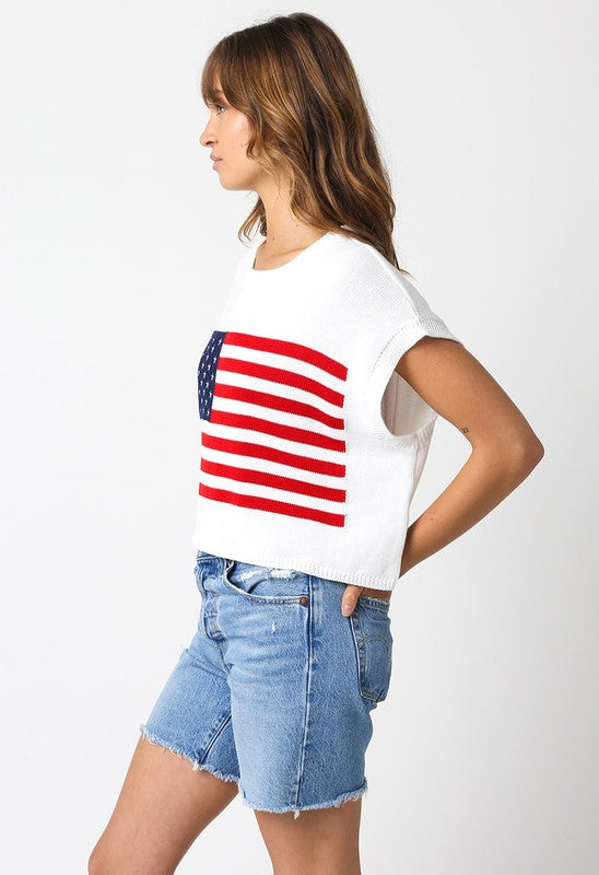 America Flag Print Cap Sleeve Sweater Top White