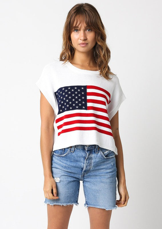 America Flag Print Cap Sleeve Sweater Top White