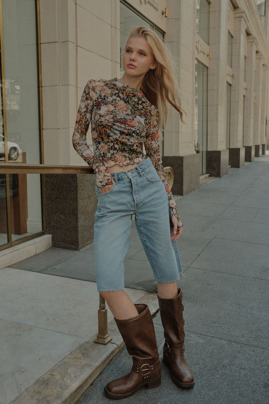 Long Sleeve Floral Print Mesh Top Black