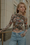Long Sleeve Floral Print Mesh Top Black