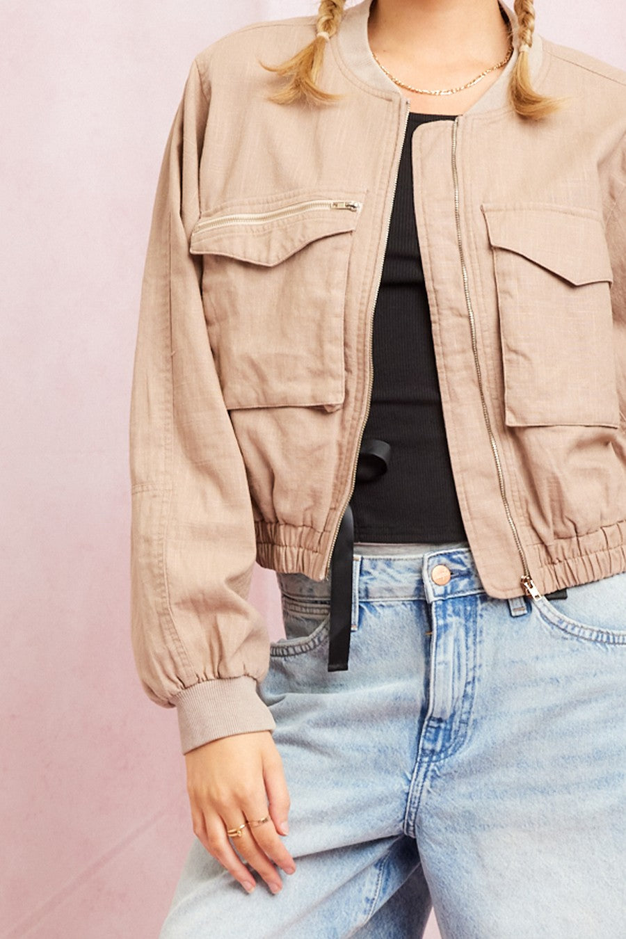 Long Sleeve Washed Linen Bomber Jacket Mocha