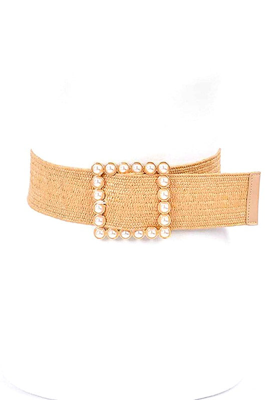 Large Square Weaved Faux Pearl Belt Beige