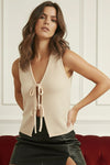 Sleeveless Front Tie Knit Vest Beige
