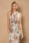 Sleeveless Halter Floral Print Maxi Dress Brown