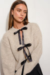 Michelle Long Sleeve Satin Bow Tie Knit Cardigan Taupe