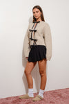Michelle Long Sleeve Satin Bow Tie Knit Cardigan Taupe