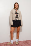 Michelle Long Sleeve Satin Bow Tie Knit Cardigan Taupe