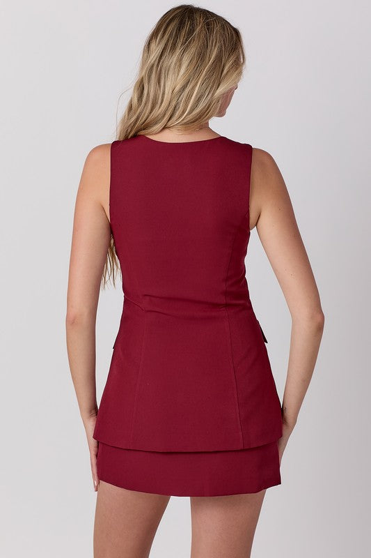 Sleeveless Button Down Mini Dress Burgundy