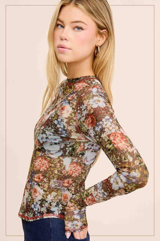 Long Sleeve Floral Print Mesh Top Brown