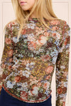 Long Sleeve Floral Print Mesh Top Brown
